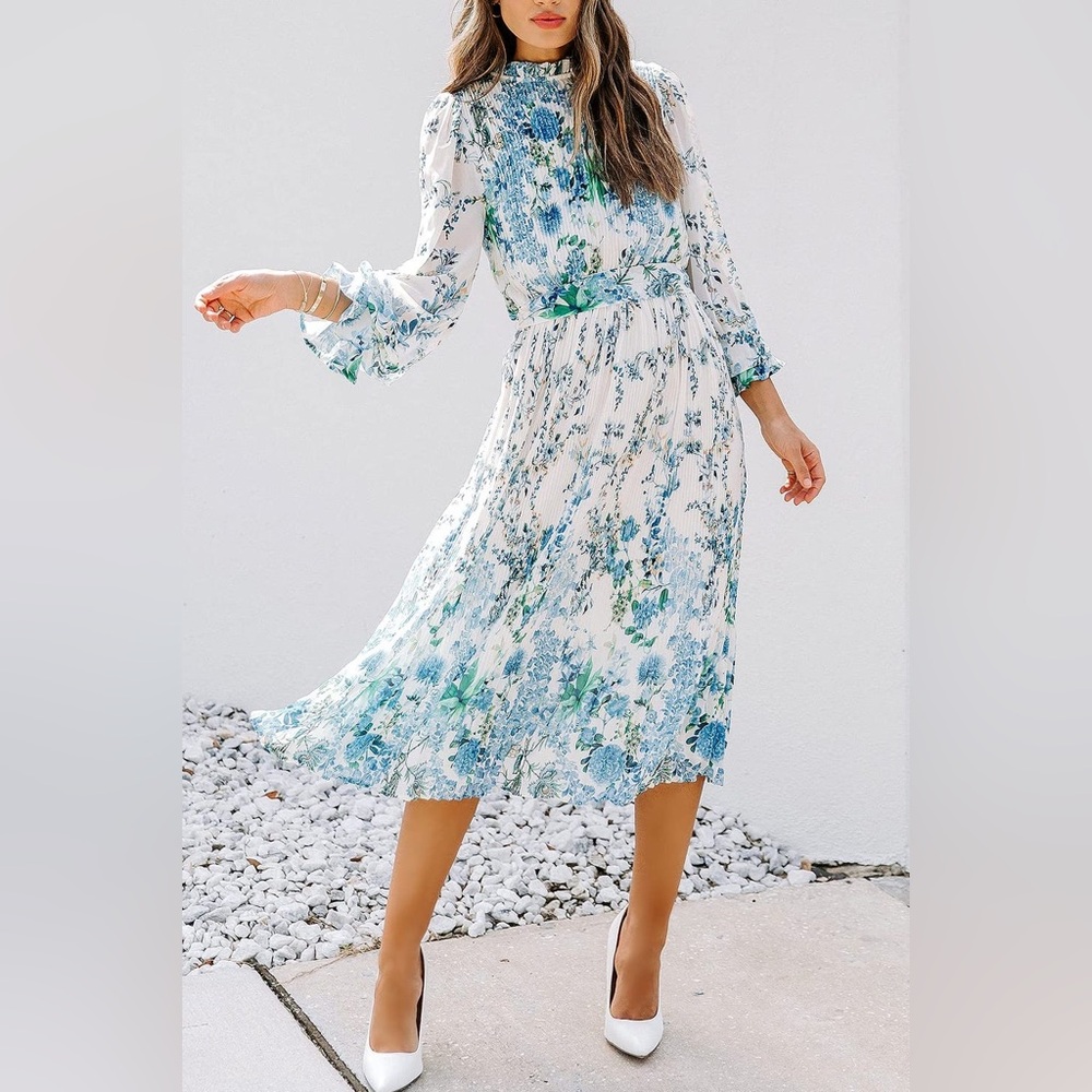 Flying Tomato Blue and White Floral Midi Dress